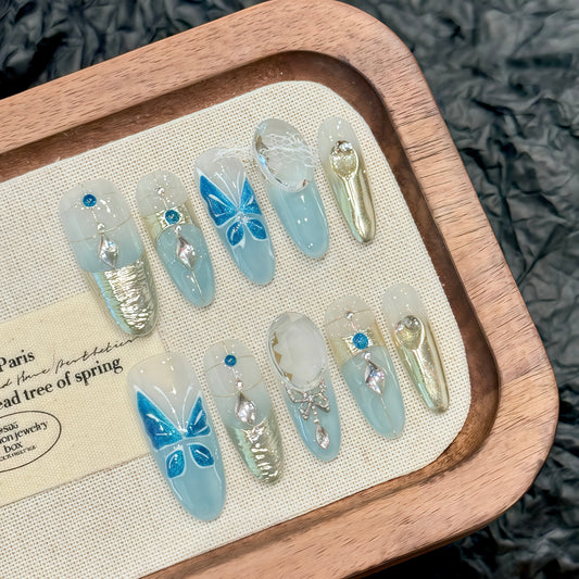 Ice - blue Butterfly Elegant Transparent Press - on Nails