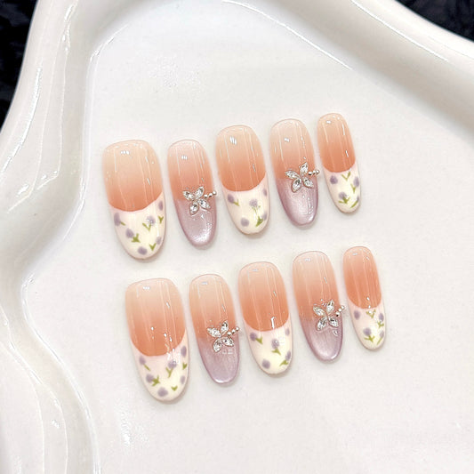Orange - Pink Gradient Floral Butterfly Glam Press - on Nails