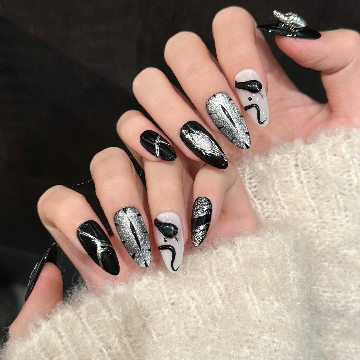 Dark Abstract Line Art Nails