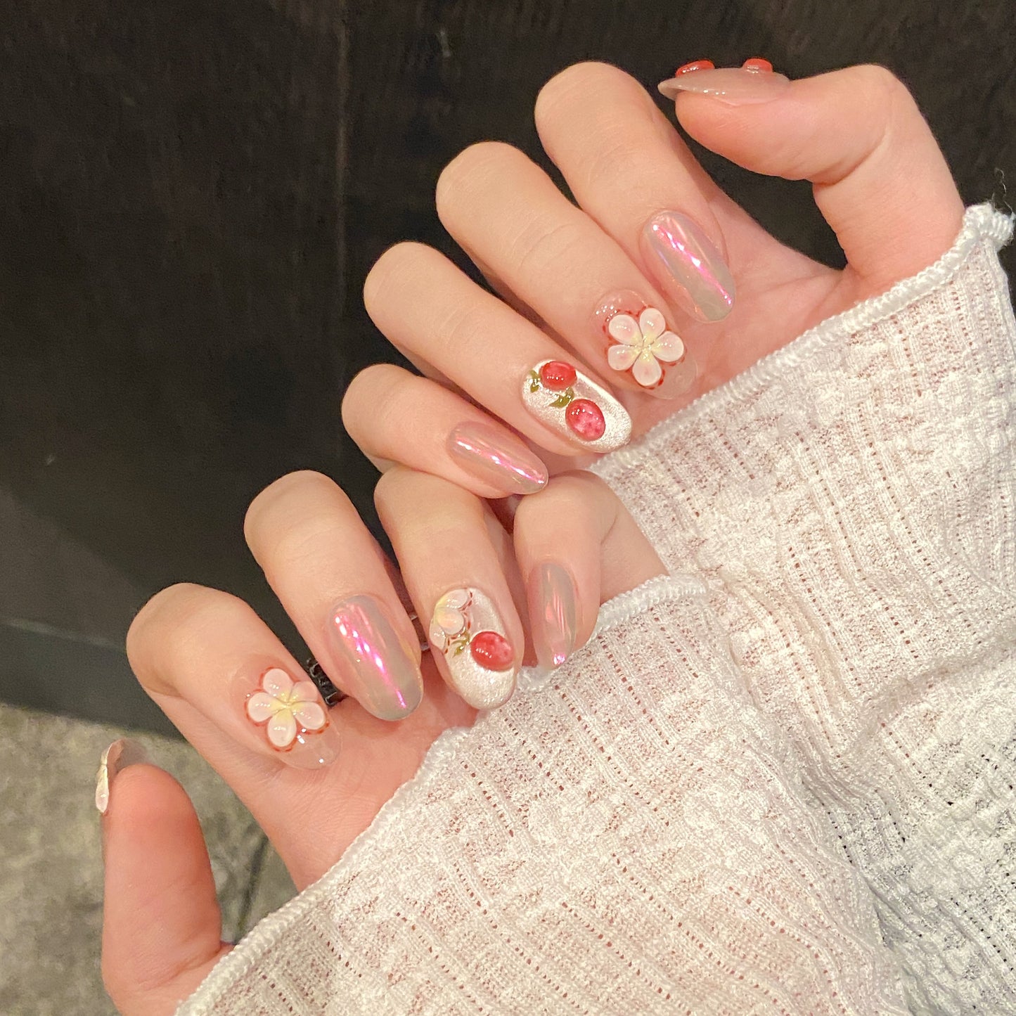 Pink Floral Strawberry Aurora Press - on Nails