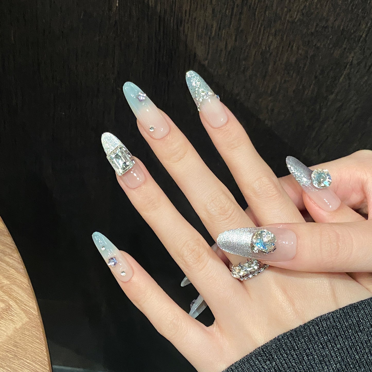 Pink Silver Glitter Gemstone Glam Press - on Nails