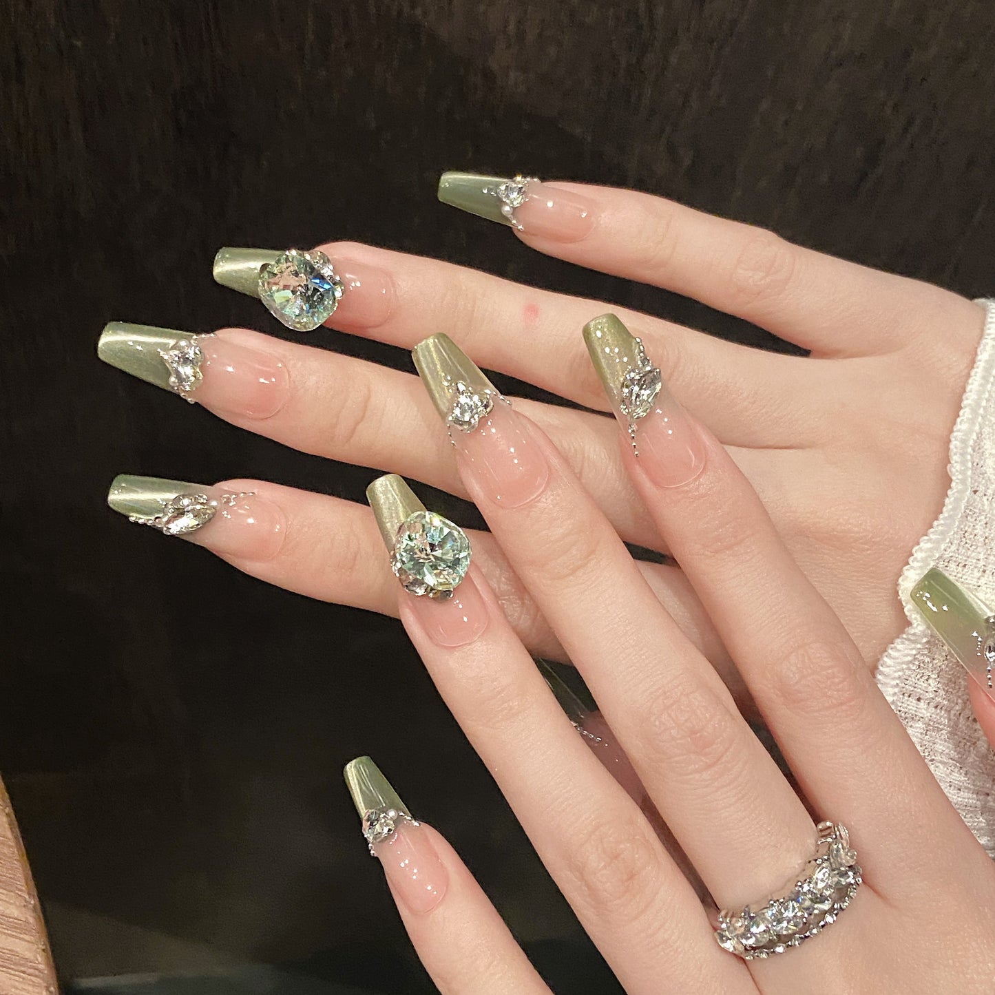 Pink - Green Gradient Butterfly Gemstone Glam Press - on Nails