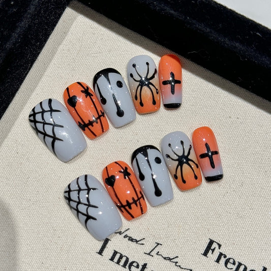 Halloween - themed Pumpkin Ghost Spider Press - on Nails
