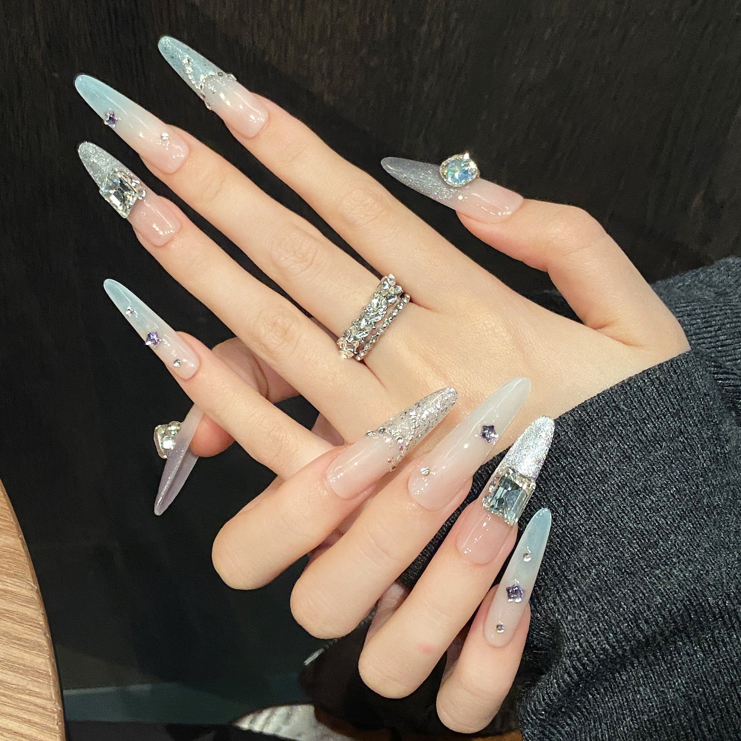 Pink Silver Glitter Gemstone Glam Press - on Nails