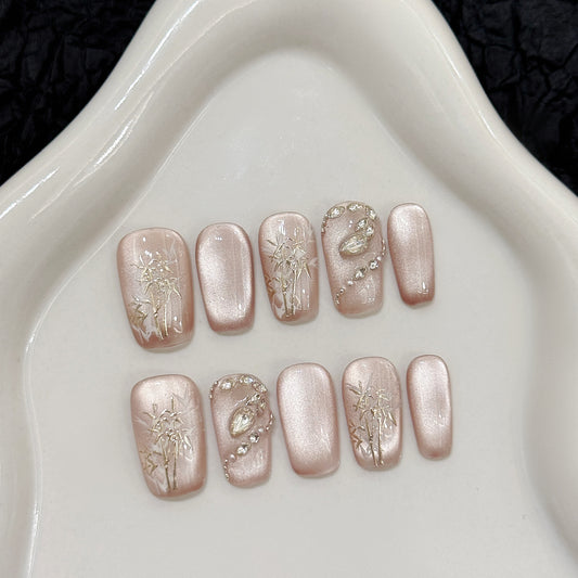 Soft - pink Bamboo Gem Diamond Elegant Press - on Nails
