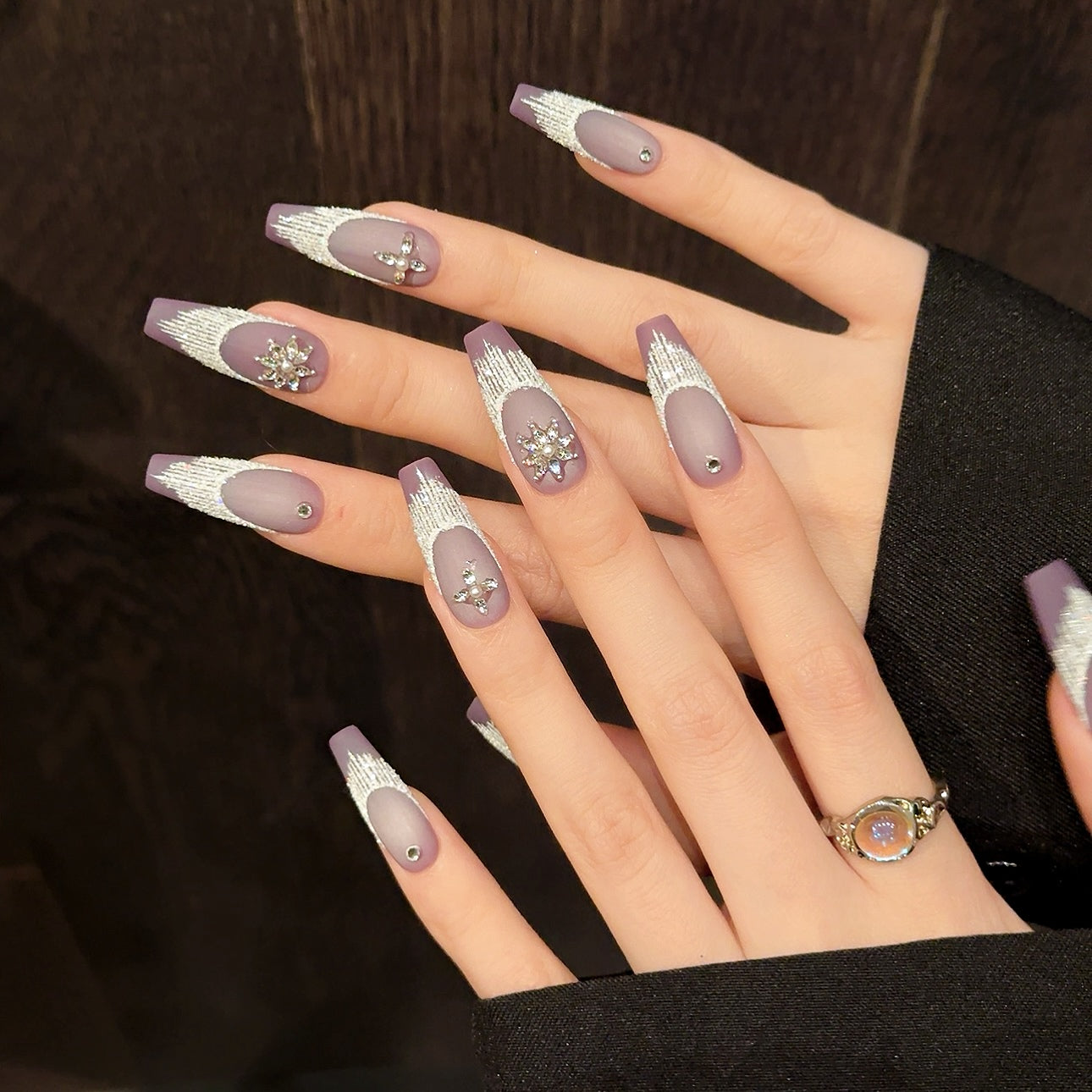 Purple Silver - tassel Diamond - flower Elegant Press - on Nails
