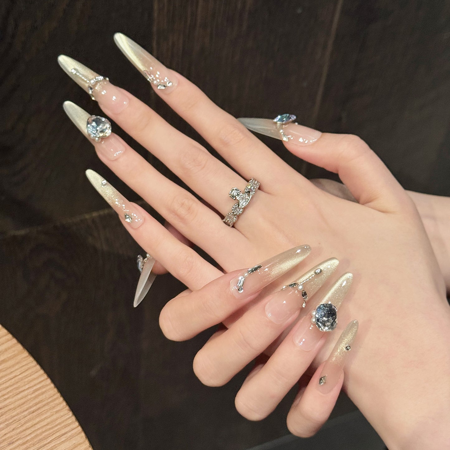 Pink - Gold Gradient Gem Pearl Chain Elegant Press - on Nails