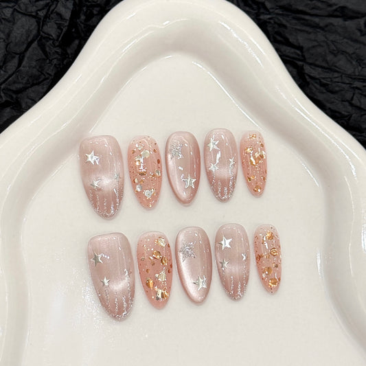 Soft - pink Star Sparkle Press - on Nails
