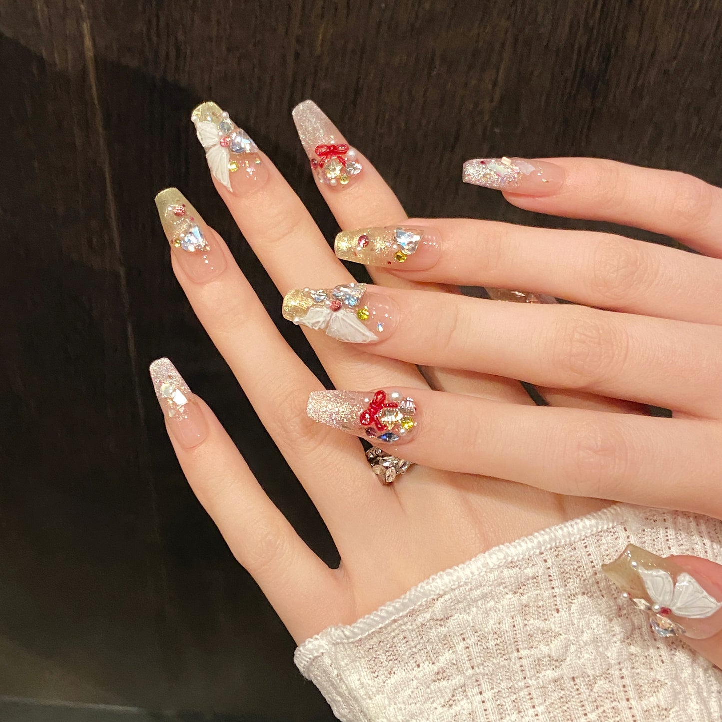 Butterfly Pearl Gemstone Glitter Glam Press - on Nails