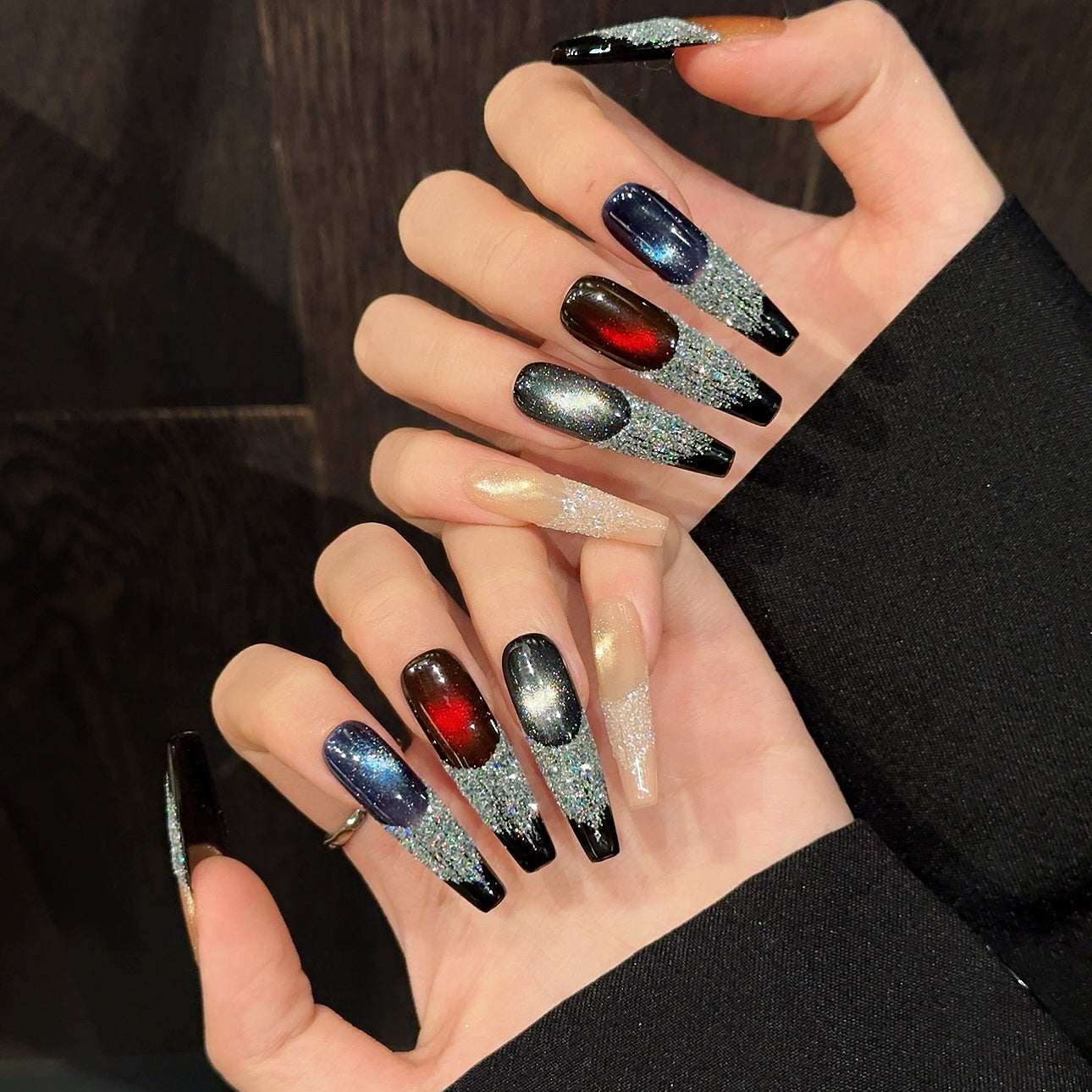Multi - colored Sparkle Black - edge Fashion Press - on Nails