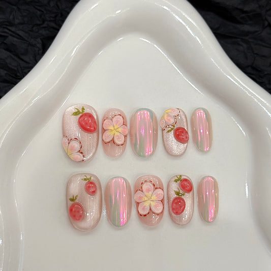 Pink Floral Strawberry Aurora Press - on Nails