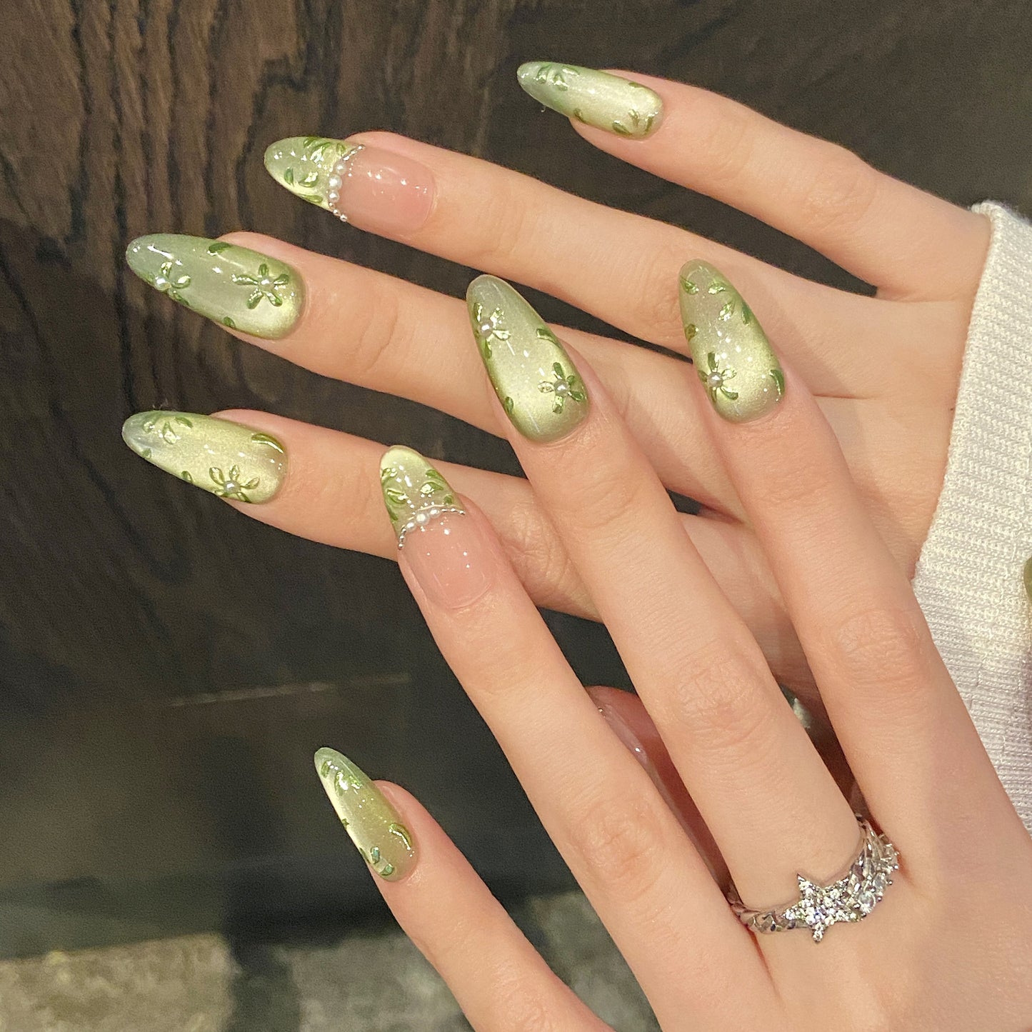 Green - Pink Floral Pearl Press - on Nails