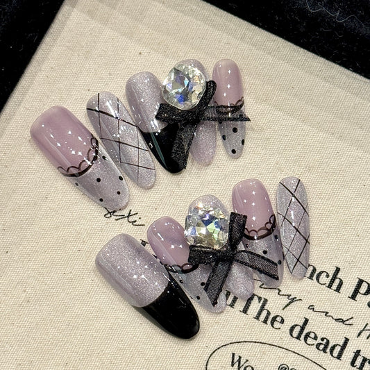 Purple - Silver - black Diamond Bow Elegant Press - on Nails