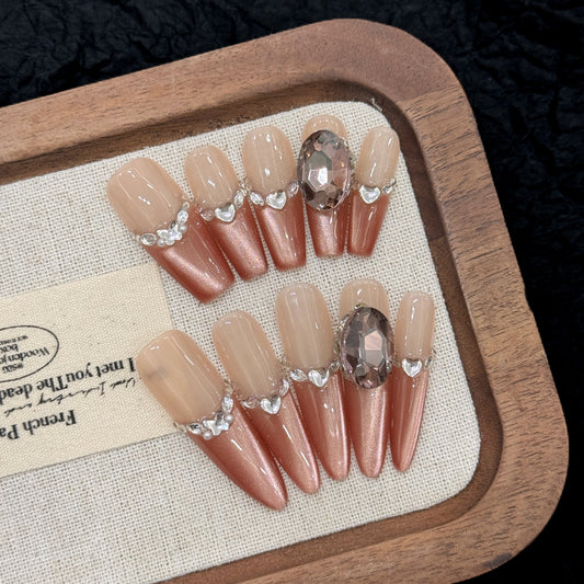 Nude - Pink Brown Gradient Gemstone Glam Press - on Nails