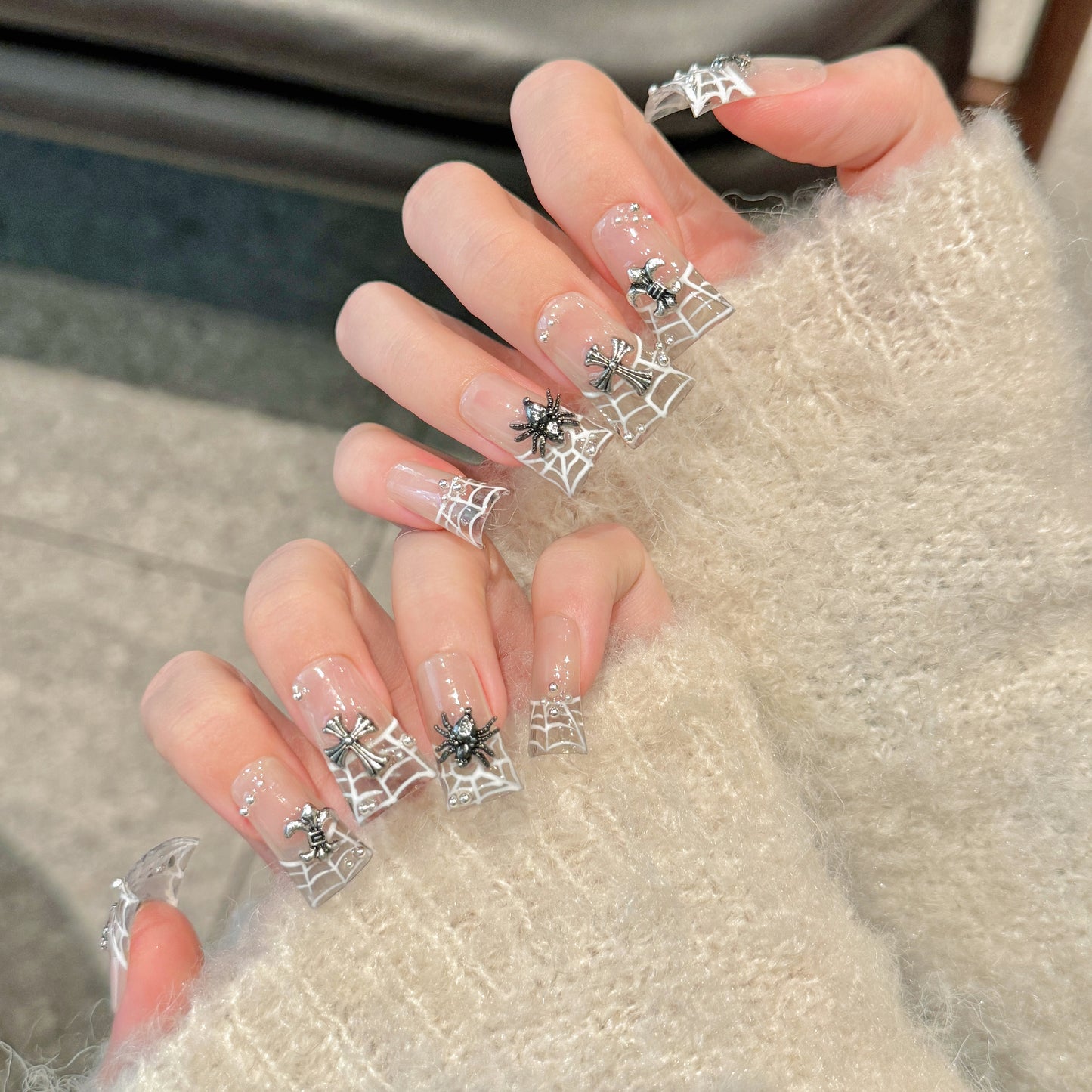 Nude Gothic Spider Web Press - on Nails