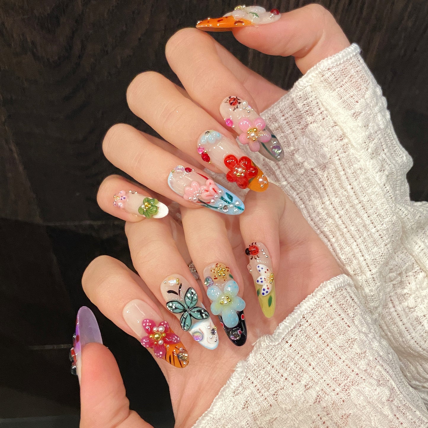 Colorful Floral Insect Elf - style Press - on Nails
