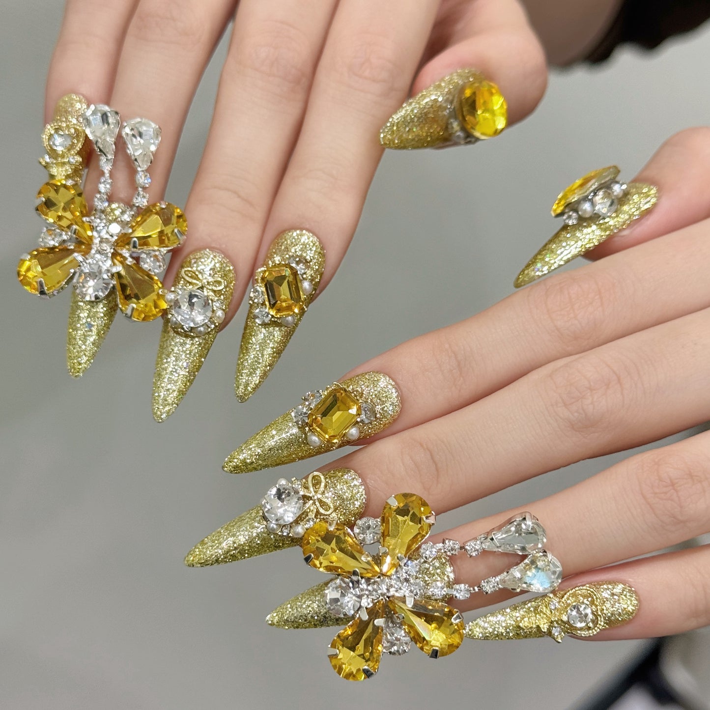 Gold Luxury Butterfly Gemstone Sparkle Press - on Nails