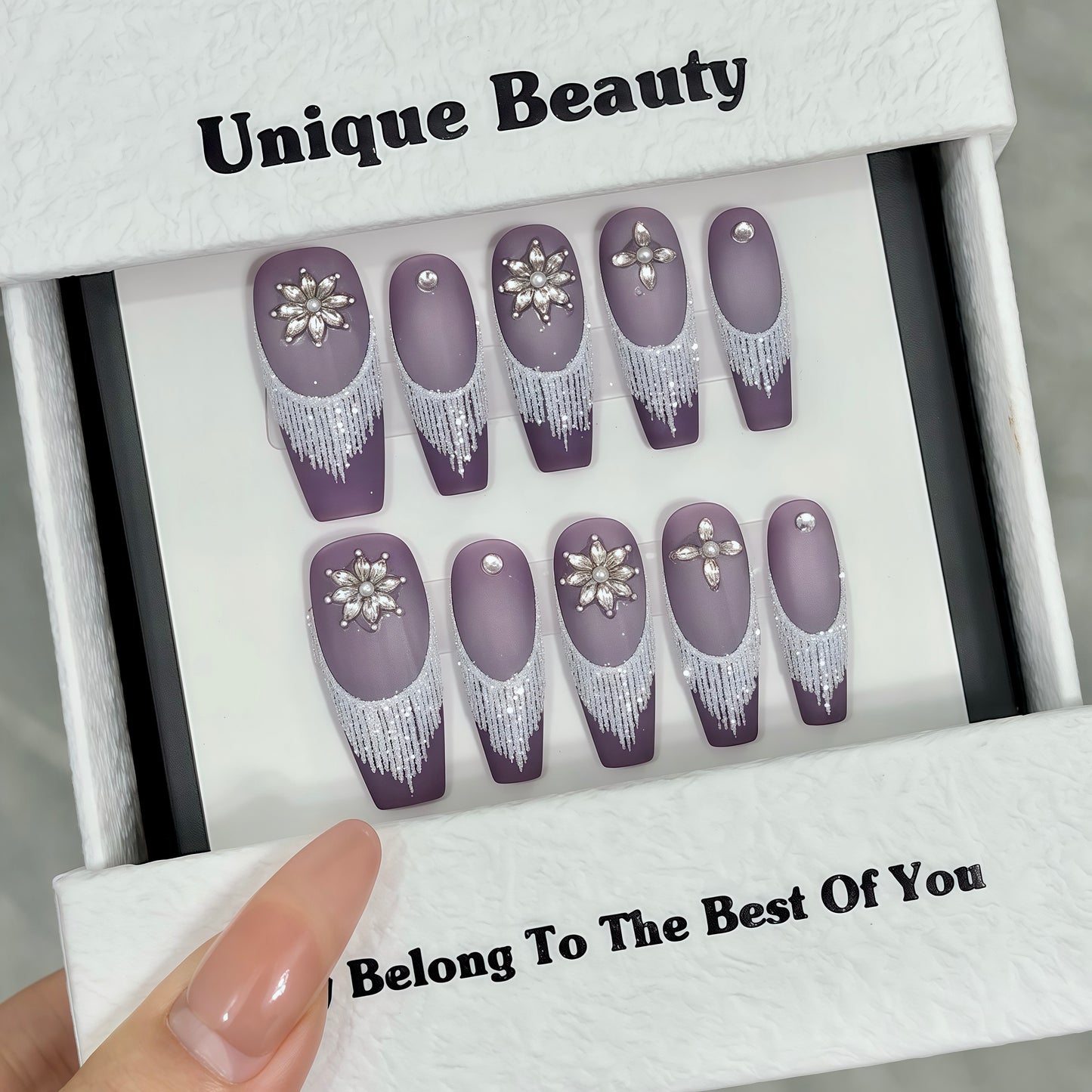 Purple Silver - tassel Diamond - flower Elegant Press - on Nails