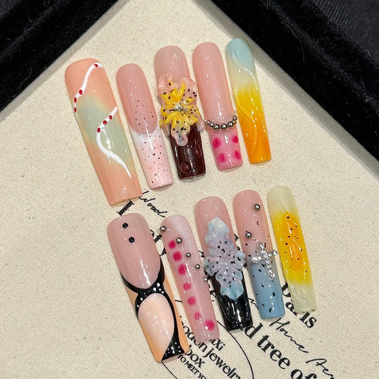Colorful Floral Gradient Unique - pattern Press - on Nails