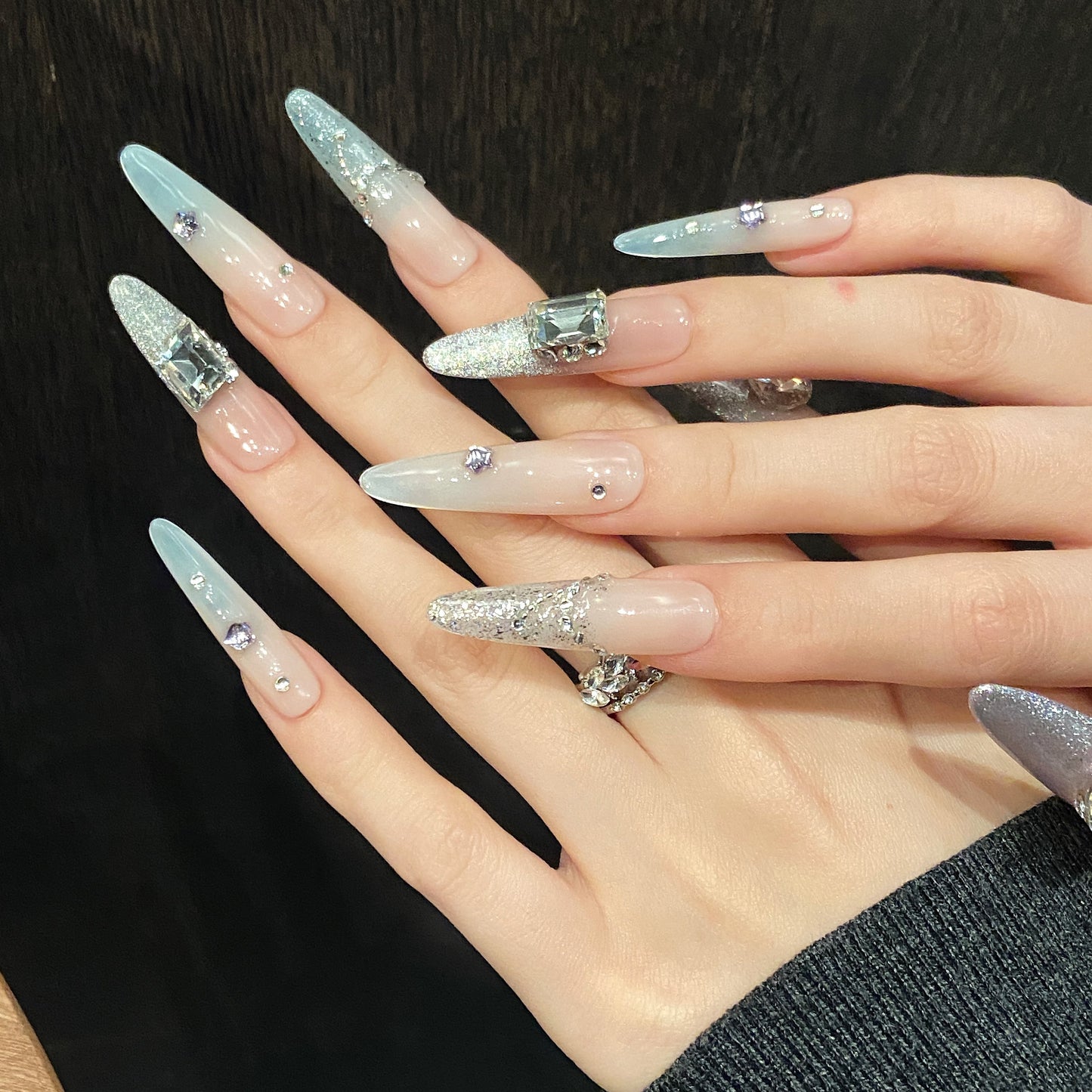 Pink Silver Glitter Gemstone Glam Press - on Nails