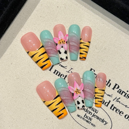 Pink - Blue Gradient Tiger - stripe Floral Press - on Nails