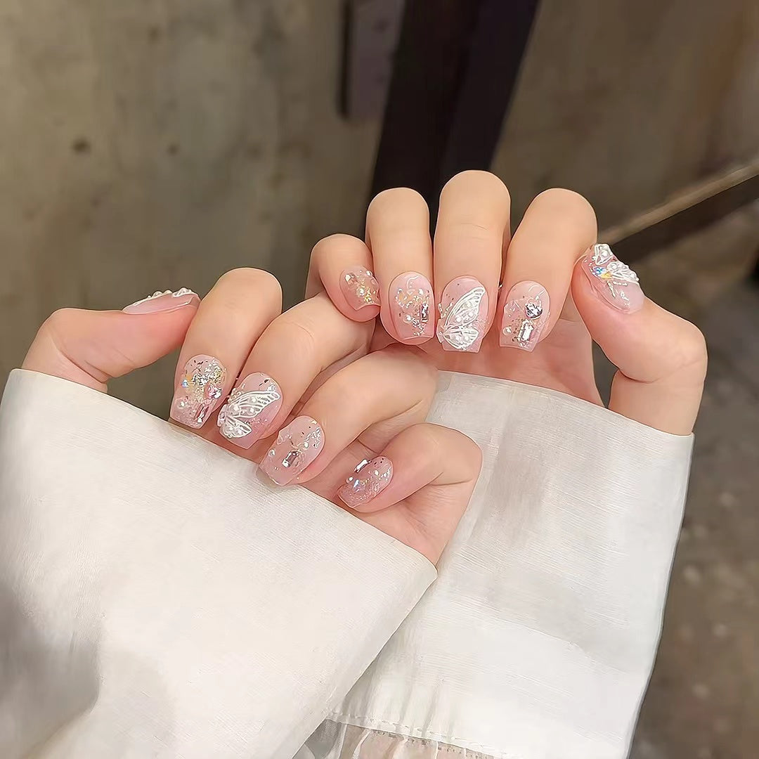 Pink Butterfly Sparkle Press - on Nails