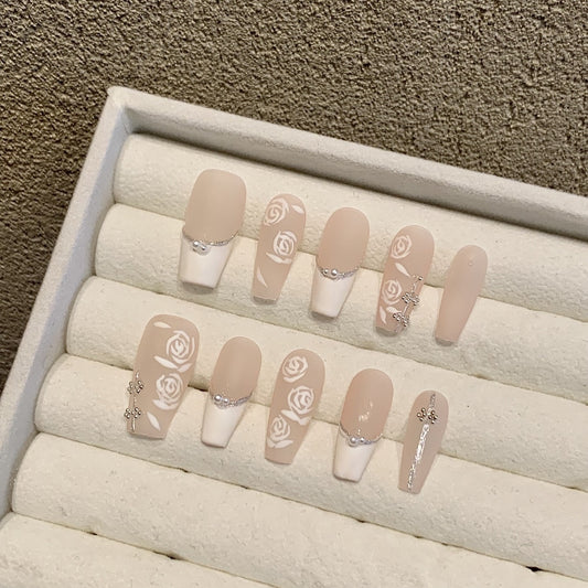 Nude - White Rose Sparkle Elegant Press - on Nails