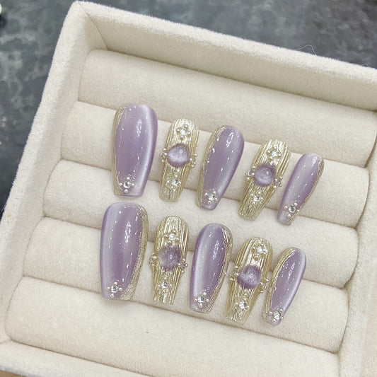 Lavender - Gold Gemstone Diamond Elegant Press - on Nails