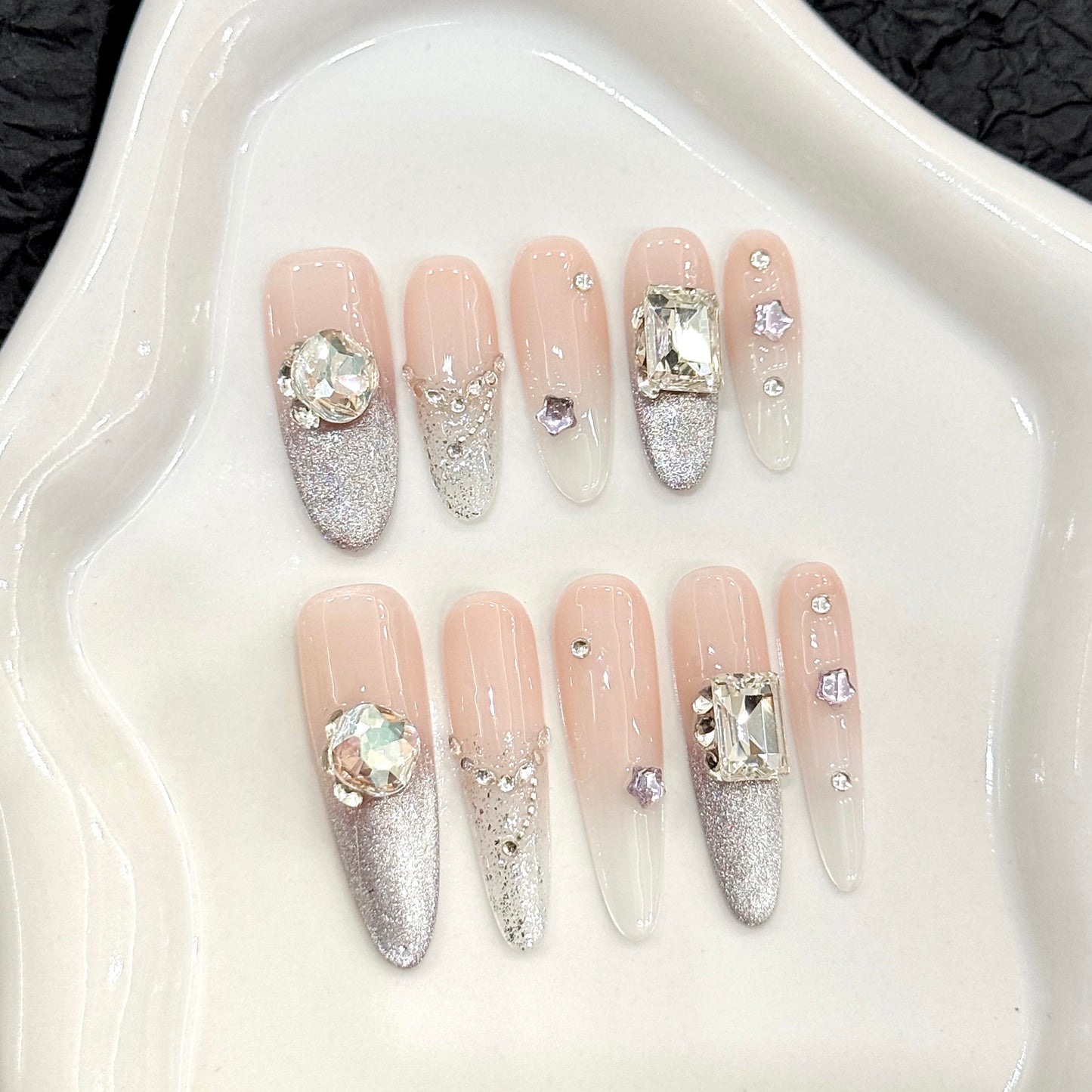 Pink Silver Glitter Gemstone Glam Press - on Nails
