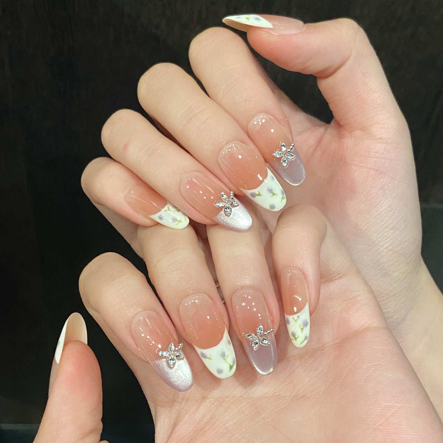 Orange - Pink Gradient Floral Butterfly Glam Press - on Nails