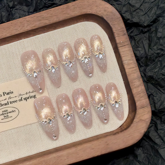 Soft - pink Golden Sparkle Diamond Elegant Press - on Nails