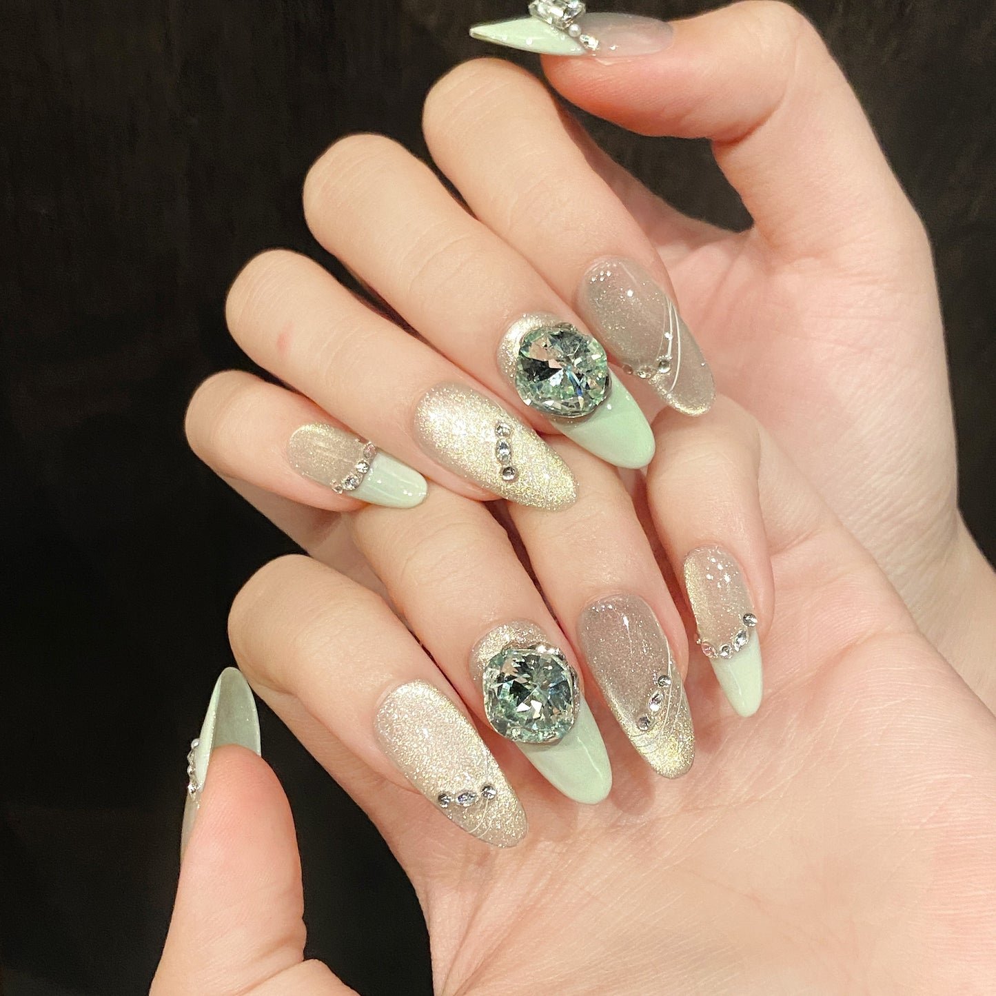 Mint & Silver Glitter Gemstone Glam Press - on Nails