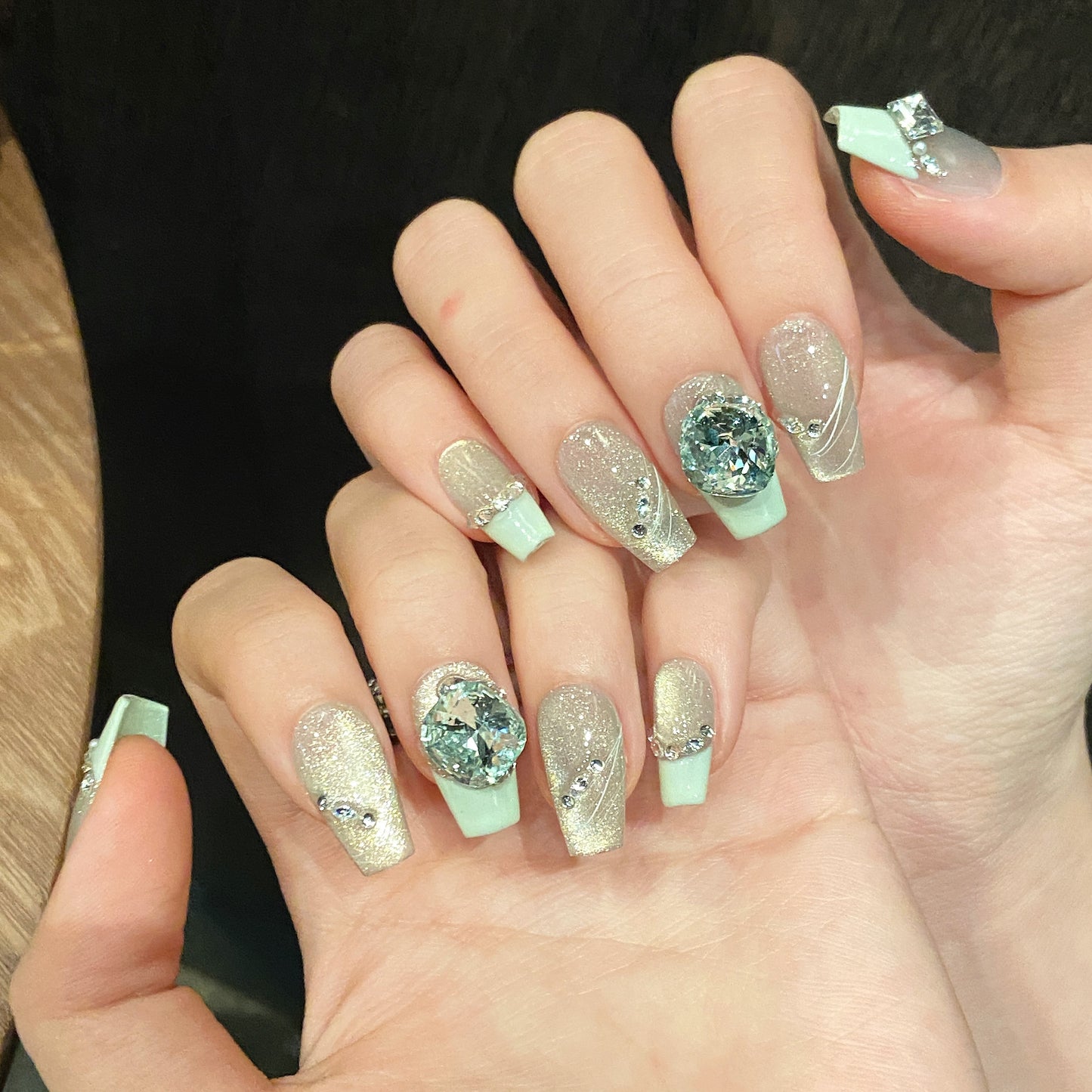 Mint & Silver Glitter Gemstone Glam Press - on Nails