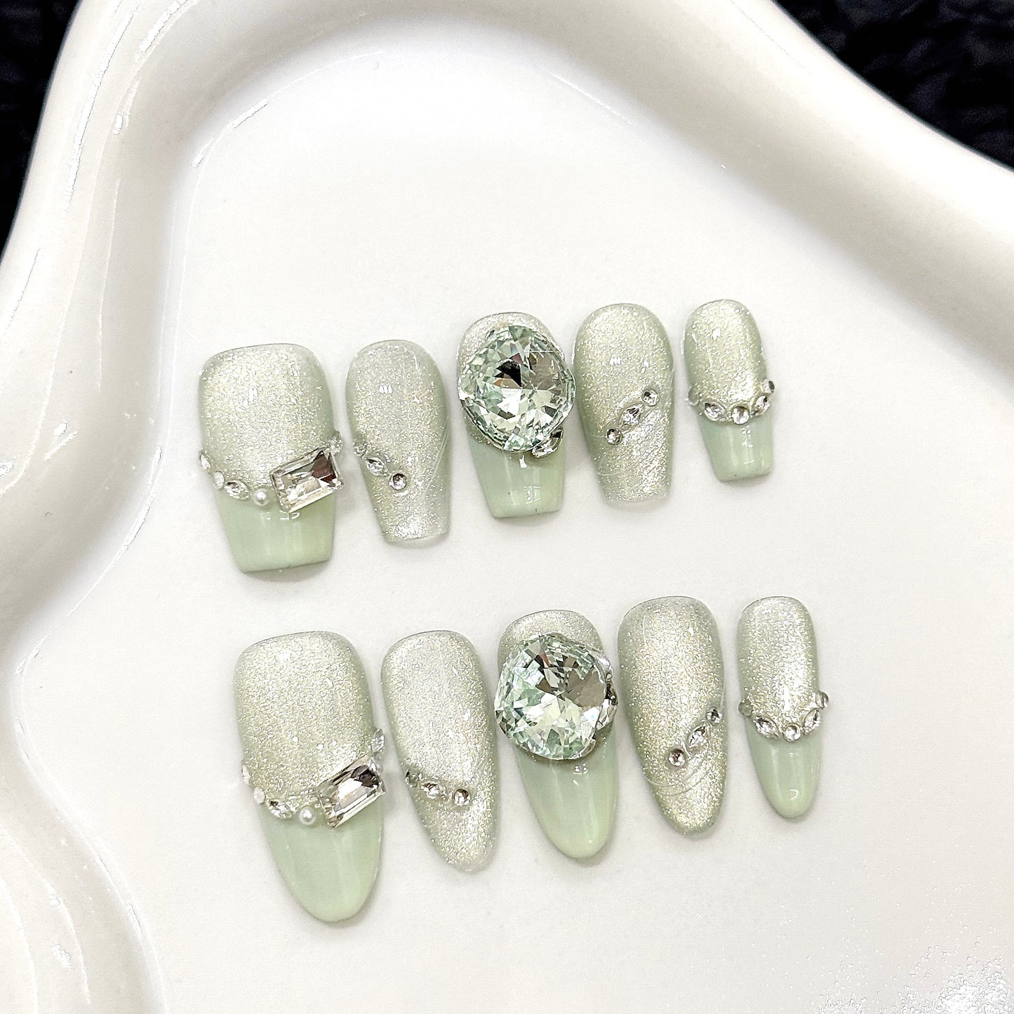 Mint & Silver Glitter Gemstone Glam Press - on Nails