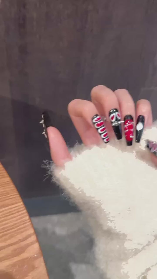 Black - Red Snake Skin Rivet Press - on Nails