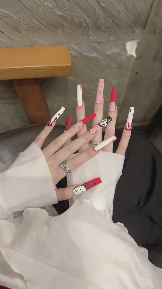 Gothic - style Red - White Press - on Nails