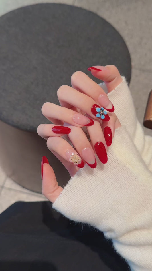 Red - Pink Floral Elegant Press - on Nails