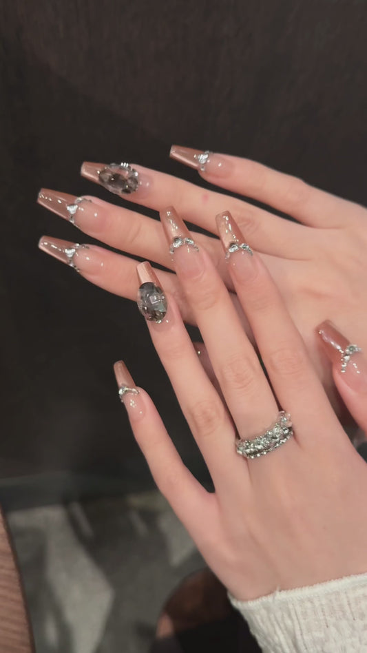 Nude - Pink Brown Gradient Gemstone Glam Press - on Nails