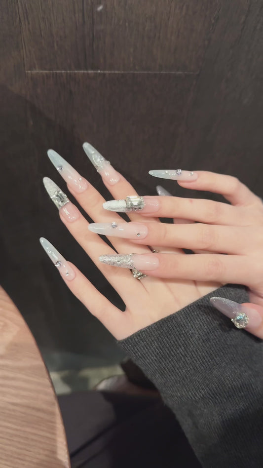 Pink Silver Glitter Gemstone Glam Press - on Nails