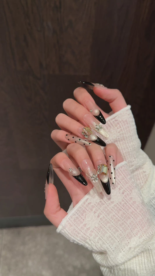 Beige - Black Gradient Gem Star Elegant Press - on Nails