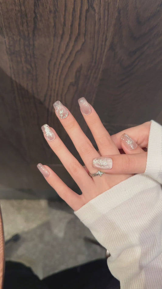 Soft - pink Bamboo Gem Diamond Elegant Press - on Nails