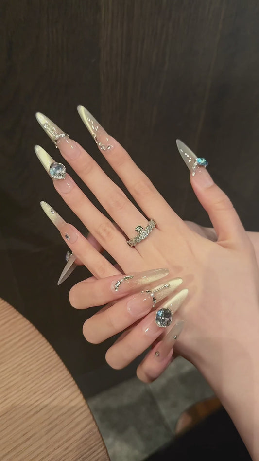 Pink - Gold Gradient Gem Pearl Chain Elegant Press - on Nails