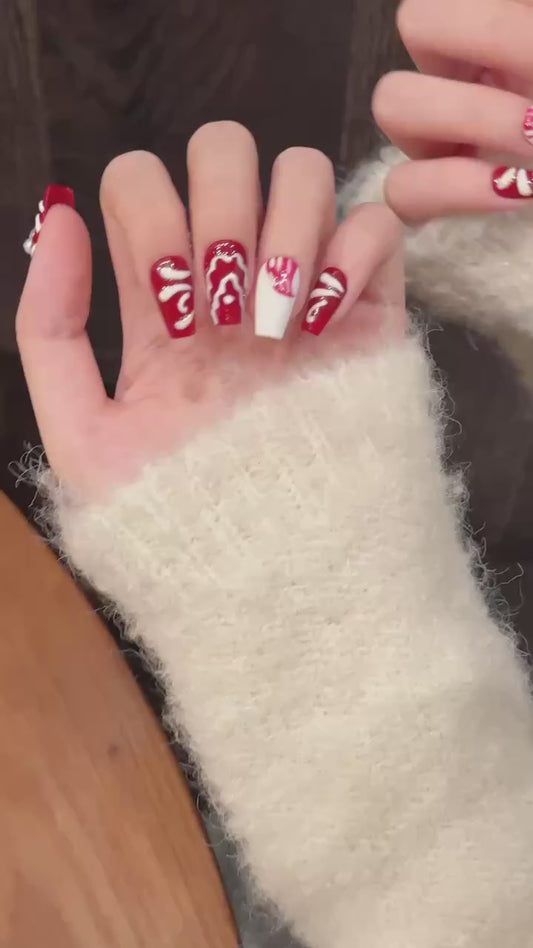 Red - White Pattern Pearl Press - on Nails