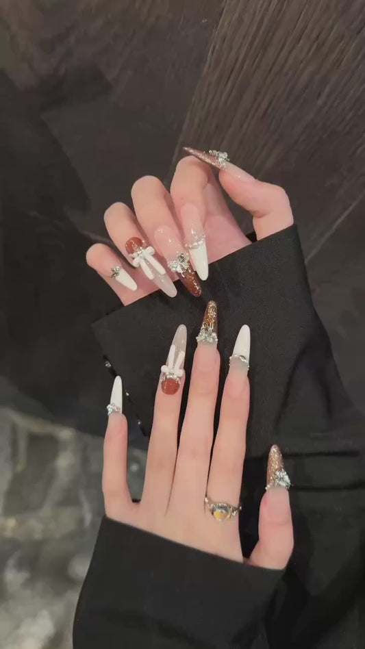 Pink - Brown Butterfly Pearl Bow Elegant Press - on Nails