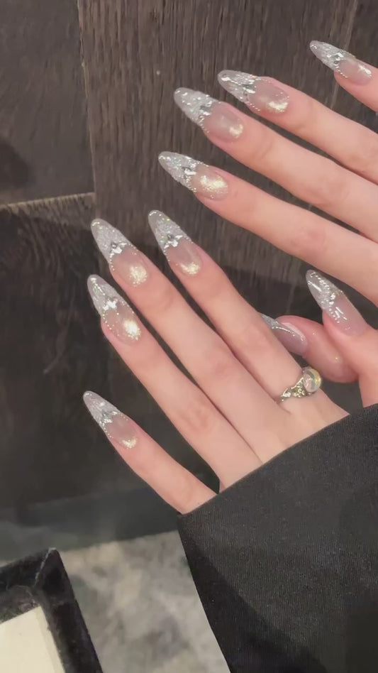 Soft - pink Golden Sparkle Diamond Elegant Press - on Nails
