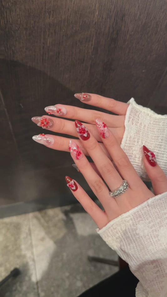 Pink & Red Floral Gradient Glam Press - on Nails