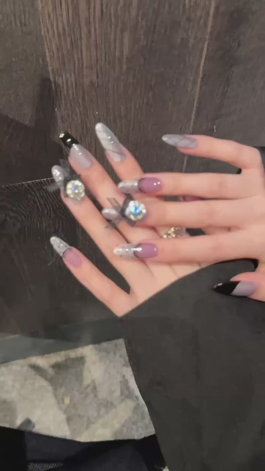 Purple - Silver - black Diamond Bow Elegant Press - on Nails