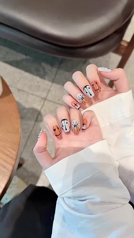 Halloween - themed Pumpkin Ghost Spider Press - on Nails