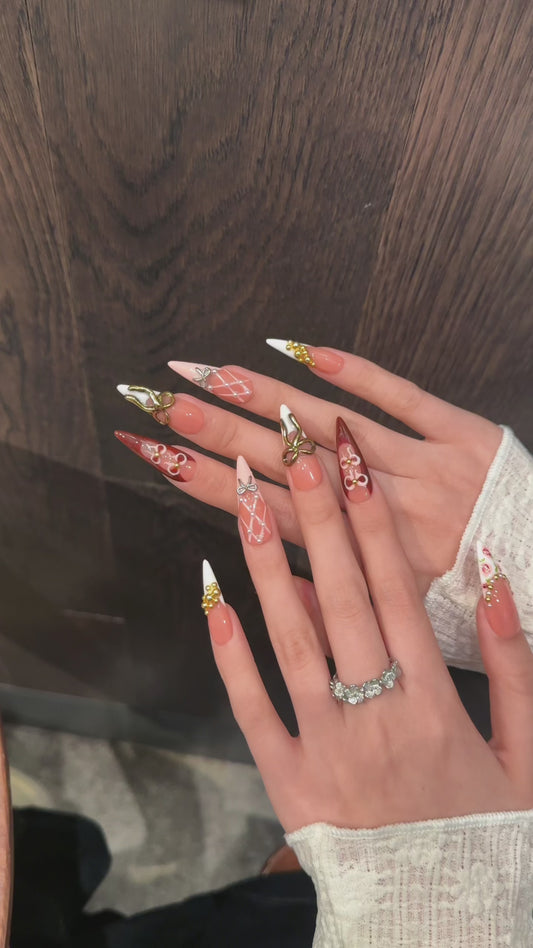 Pink - White Gold Bow Pearl Rose Elegant Press - on Nails