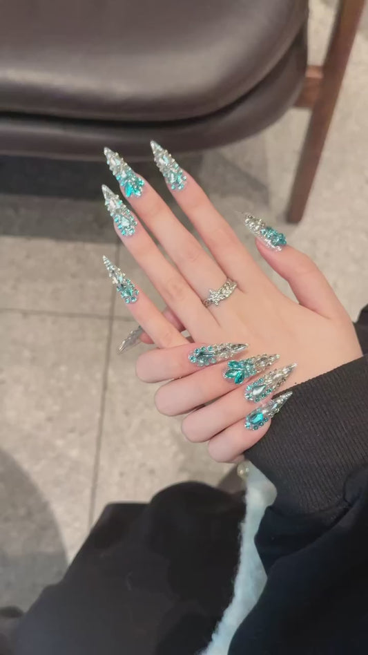 Azure Gemstone Glam Press - on Nails